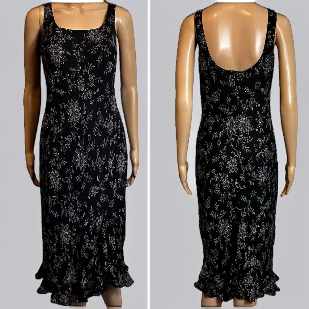Vintage Ann Taylor Silk Floral Black Midi Dress